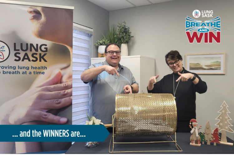 Dave from Lung Saskatchewan and Cindy from Westworld Tours announce Breathe and Win winners